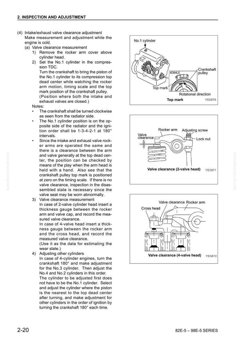 May include: Diagrams and text detailing valve clearance adjustment for an engine. Includes illustrations of rocker arms, valve clearance, and crankshaft pulley positions. Instructions for 2-valve and 4-valve cylinder heads are provided. The text includes measurements and specifications.