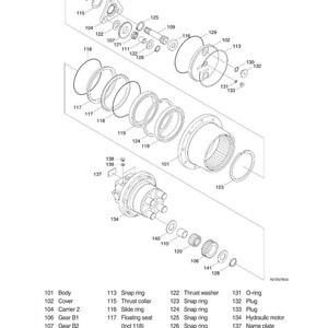 Pode incluir: Um diagrama explodido de uma estrutura mec&acirc;nica, rotulado como "STRUCTURE (3/3)". A imagem mostra v&aacute;rios componentes, incluindo engrenagens, an&eacute;is e um motor hidr&aacute;ulico, com r&oacute;tulos como "Corpo", "Tampa" e "Anel de press&atilde;o".