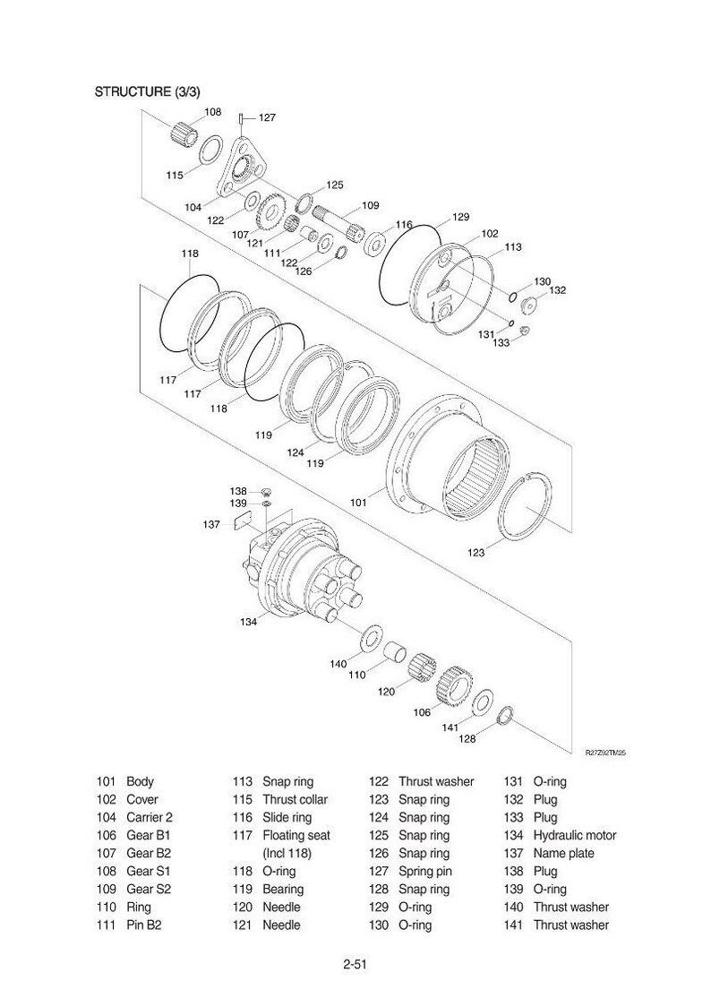Pode incluir: Um diagrama explodido de uma estrutura mec&acirc;nica, rotulado como "STRUCTURE (3/3)". A imagem mostra v&aacute;rios componentes, incluindo engrenagens, an&eacute;is e um motor hidr&aacute;ulico, com r&oacute;tulos como "Corpo", "Tampa" e "Anel de press&atilde;o".