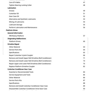 May include: A detailed table of contents from a manual, listing topics such as lubrication, platform drives, and driveline repair. The text is in black font on a white background, with page numbers on the right.