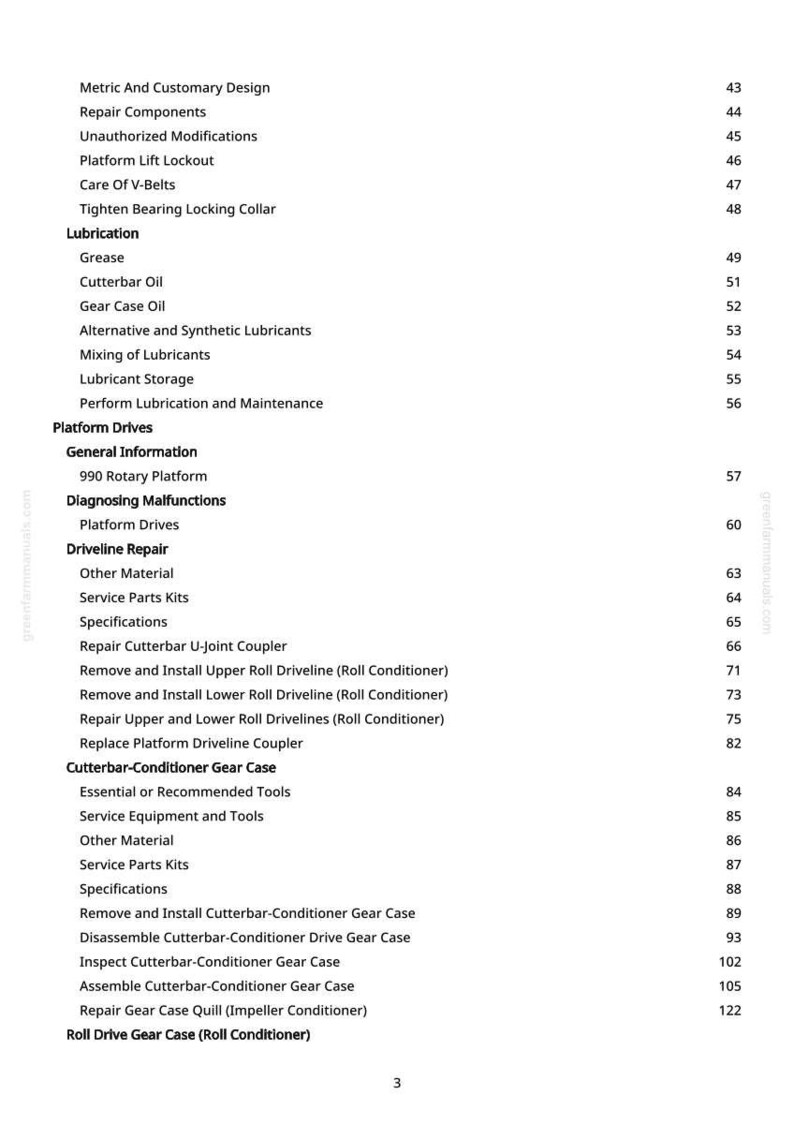 May include: A detailed table of contents from a manual, listing topics such as lubrication, platform drives, and driveline repair. The text is in black font on a white background, with page numbers on the right.