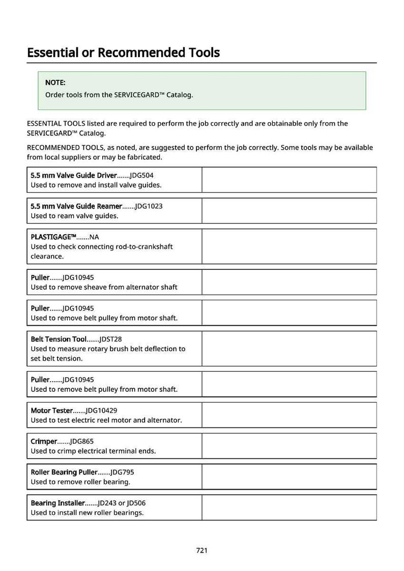 May include: A page titled "Essential or Recommended Tools" lists tools with their part numbers and uses. Includes a note about ordering from the SERVICEGARD catalog. Tools include a valve guide driver, reamer, pullers, belt tension tool, motor tester, crimper, and bearing installer.