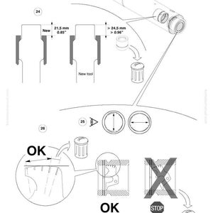 Peut inclure: Sch&eacute;ma technique avec mesures en mm et pouces, montrant les instructions de montage et de d&eacute;montage d'un outil. Comprend le texte "OK" et "STOP" avec un symbole de poubelle. Le sch&eacute;ma est de Komatsu.