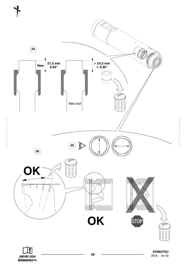 Peut inclure: Sch&eacute;ma technique avec mesures en mm et pouces, montrant les instructions de montage et de d&eacute;montage d'un outil. Comprend le texte "OK" et "STOP" avec un symbole de poubelle. Le sch&eacute;ma est de Komatsu.