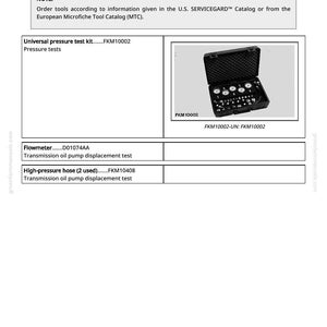 May include: Image of a page from a manual titled "Special Tools." It includes a black case containing tools, labeled FKM10002. The text reads "Universal pressure test kit...FKM10002" and "Flowmeter...D01074AA."