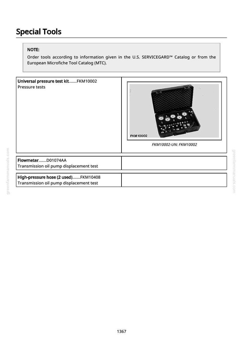 May include: Image of a page from a manual titled "Special Tools." It includes a black case containing tools, labeled FKM10002. The text reads "Universal pressure test kit...FKM10002" and "Flowmeter...D01074AA."