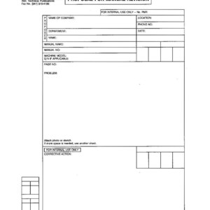 Op de afbeelding: Een wit document getiteld "VOORSTEL VOOR HANDMATIGE HERZIENING" van Komatsu America International Company. Het formulier bevat velden voor bedrijfsnaam, afdeling, handmatige details en een sectie voor een foto of schets.