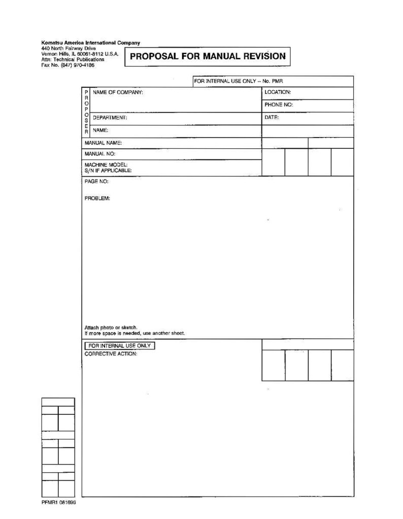Op de afbeelding: Een wit document getiteld "VOORSTEL VOOR HANDMATIGE HERZIENING" van Komatsu America International Company. Het formulier bevat velden voor bedrijfsnaam, afdeling, handmatige details en een sectie voor een foto of schets.