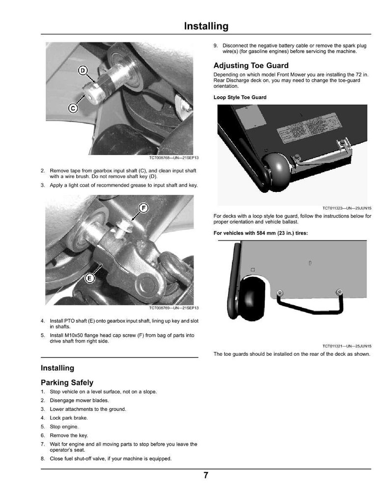 May include: Black and white technical diagram with instructions for installing and adjusting a toe guard on a machine. Includes close-up images of mechanical parts and text instructions. The page number 7 is visible.