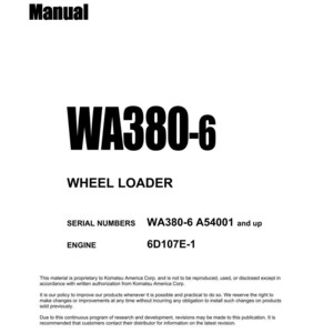 Op de afbeelding: Een witte werkplaatshandleiding met de tekst "Shop Manual" bovenaan. De handleiding bevat de vetgedrukte tekst "WA380-6" en "WHEEL LOADER". Extra tekst omvat serienummers en motordetails.