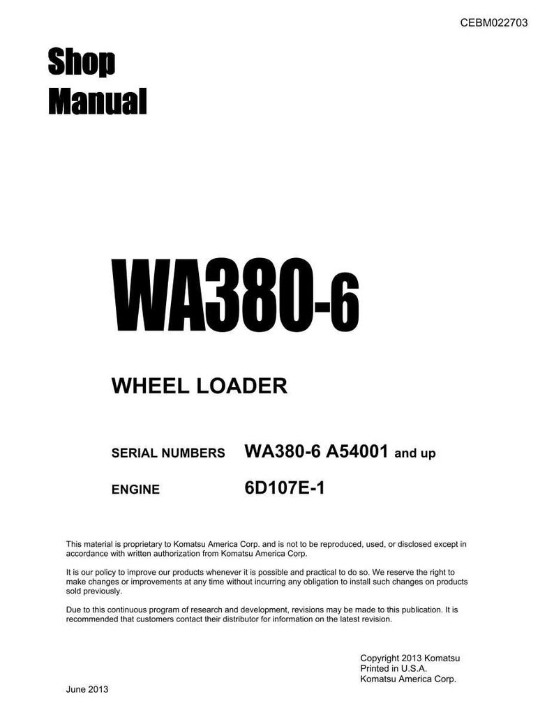 Op de afbeelding: Een witte werkplaatshandleiding met de tekst "Shop Manual" bovenaan. De handleiding bevat de vetgedrukte tekst "WA380-6" en "WHEEL LOADER". Extra tekst omvat serienummers en motordetails.