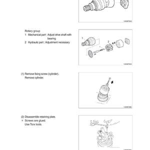 Pu&ograve; includere: Diagramma tecnico che illustra il processo di sostituzione di un gruppo rotante. L'immagine mostra disegni dettagliati di componenti meccanici, inclusi alberi di trasmissione, cilindri e piastre di fissaggio, con istruzioni testuali.