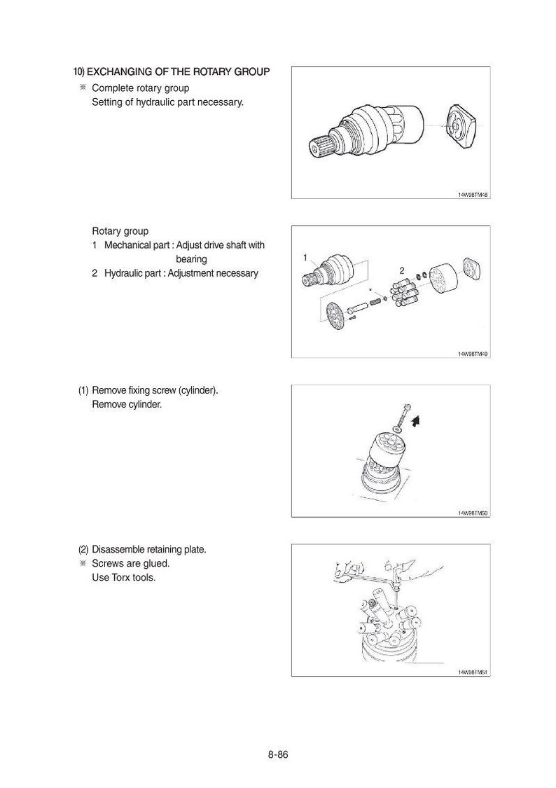 Pu&ograve; includere: Diagramma tecnico che illustra il processo di sostituzione di un gruppo rotante. L'immagine mostra disegni dettagliati di componenti meccanici, inclusi alberi di trasmissione, cilindri e piastre di fissaggio, con istruzioni testuali.