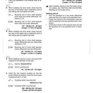 May include: A detailed diagram from a manual, titled "Installation of Center Differential Assembly." It includes instructions for mounting bolts, drive shafts, and sealing components, with torque specifications in Newton meters and kilograms.