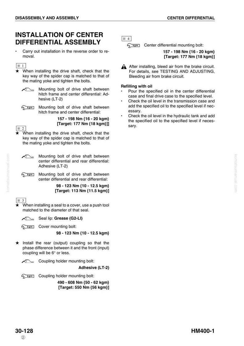 May include: A detailed diagram from a manual, titled "Installation of Center Differential Assembly." It includes instructions for mounting bolts, drive shafts, and sealing components, with torque specifications in Newton meters and kilograms.