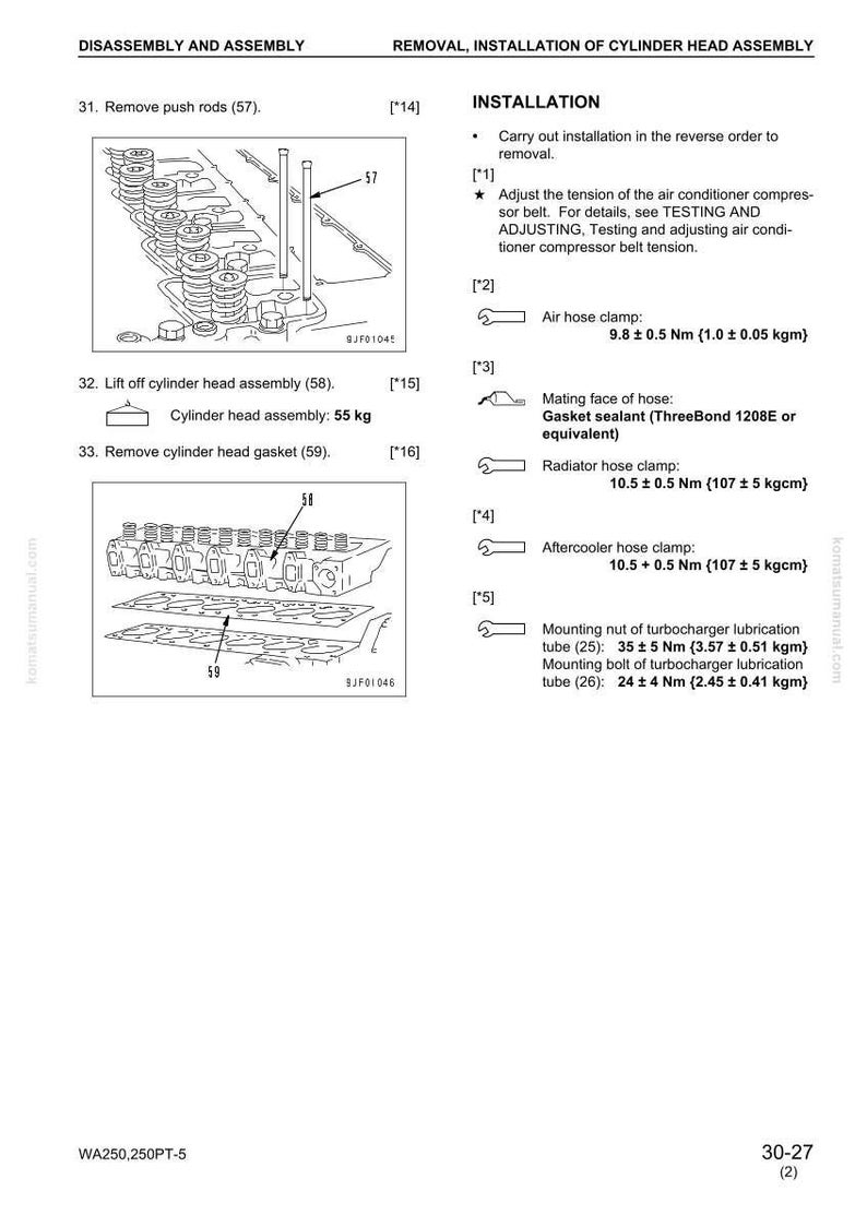 K&ouml;nnte beinhalten: Diagramm aus einem Handbuch, das die Demontage und Montage eines Zylinderkopfs zeigt. Enth&auml;lt Abbildungen von Teilen wie Sto&szlig;stangen, Zylinderkopf (55 kg) und Dichtung. Textdetails zu Installationsschritten und Drehmomentangaben.