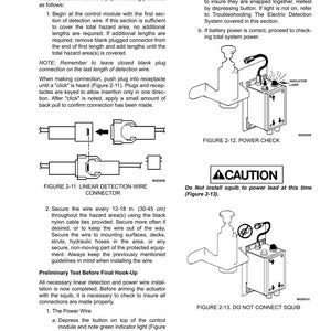 May include: Diagrams and instructions for securing a detection wire, including connector details and power checks. Features a control module with an indicator lamp and a warning about squib connection.