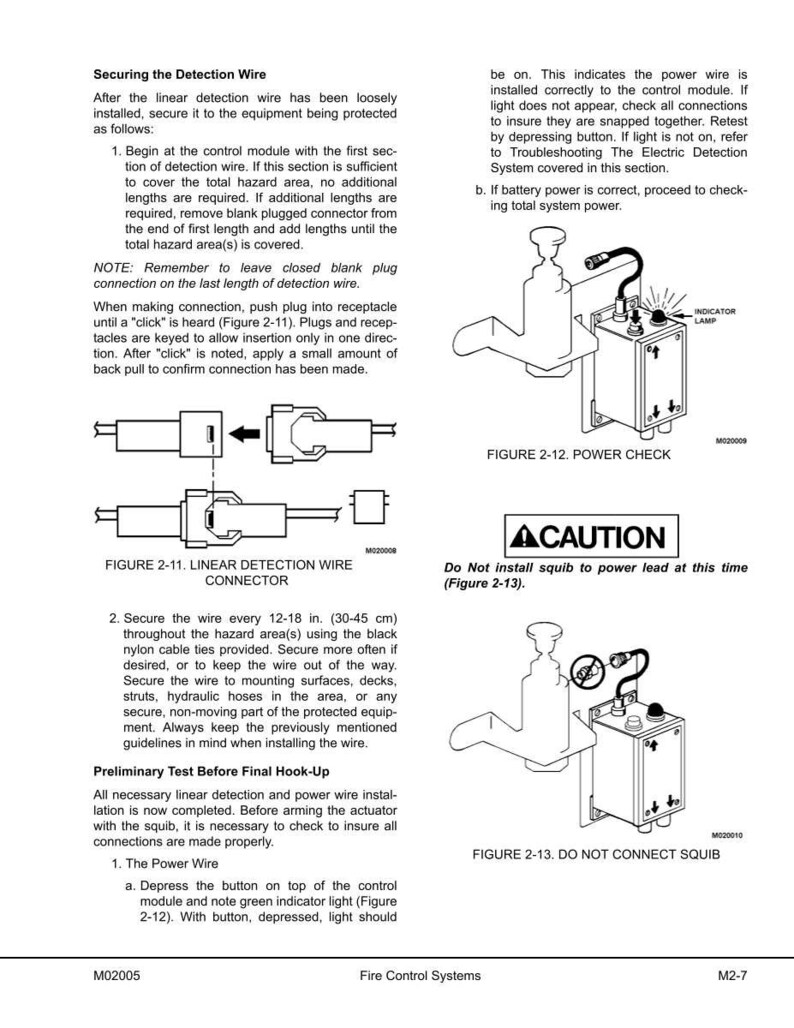 May include: Diagrams and instructions for securing a detection wire, including connector details and power checks. Features a control module with an indicator lamp and a warning about squib connection.