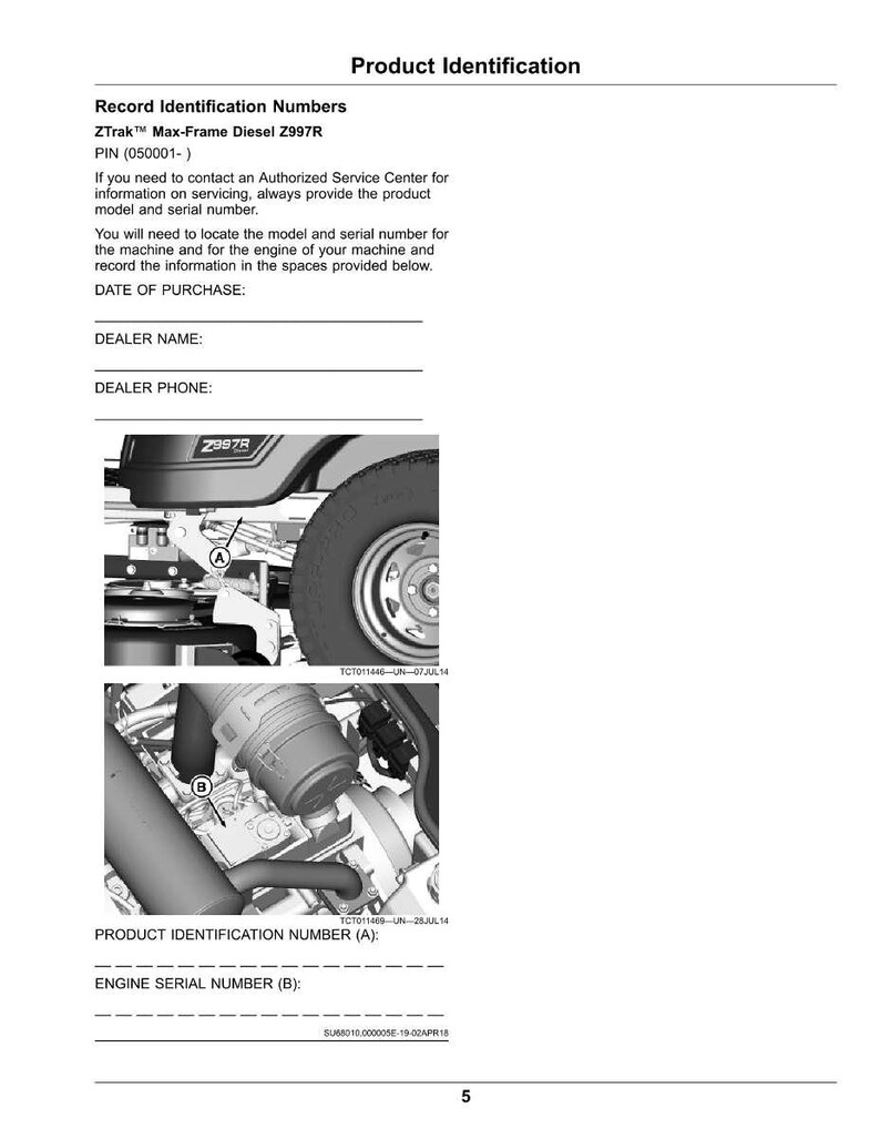 May include: A product identification document for a ZTrak Max-Frame Diesel Z997R. The document includes sections for recording the date of purchase, dealer name, and dealer phone. It also features diagrams of machine components.