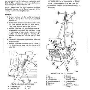 May include: Diagram of seat belt replacement instructions, including removal and installation steps. The image shows detailed illustrations of seat belt components, such as the buckle, retractor, and tether, with numbered labels for each part. Text provides guidance on the process.