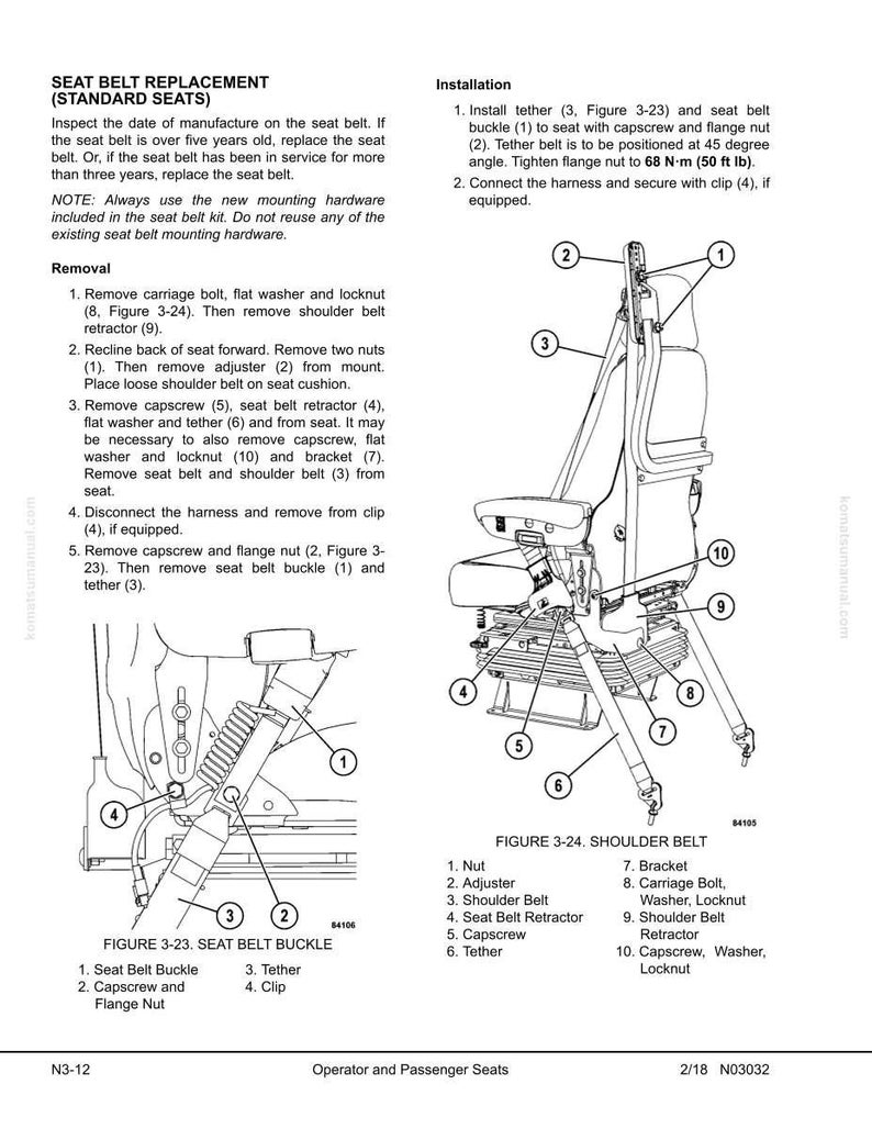 May include: Diagram of seat belt replacement instructions, including removal and installation steps. The image shows detailed illustrations of seat belt components, such as the buckle, retractor, and tether, with numbered labels for each part. Text provides guidance on the process.