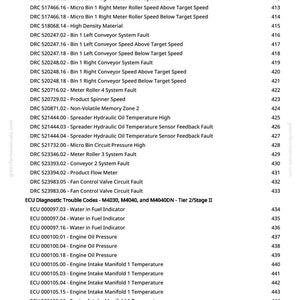 May include: A technical document listing diagnostic trouble codes and system faults, such as engine oil pressure and coolant temperature. The text is black on a white background, with page numbers. Measurements are not applicable.