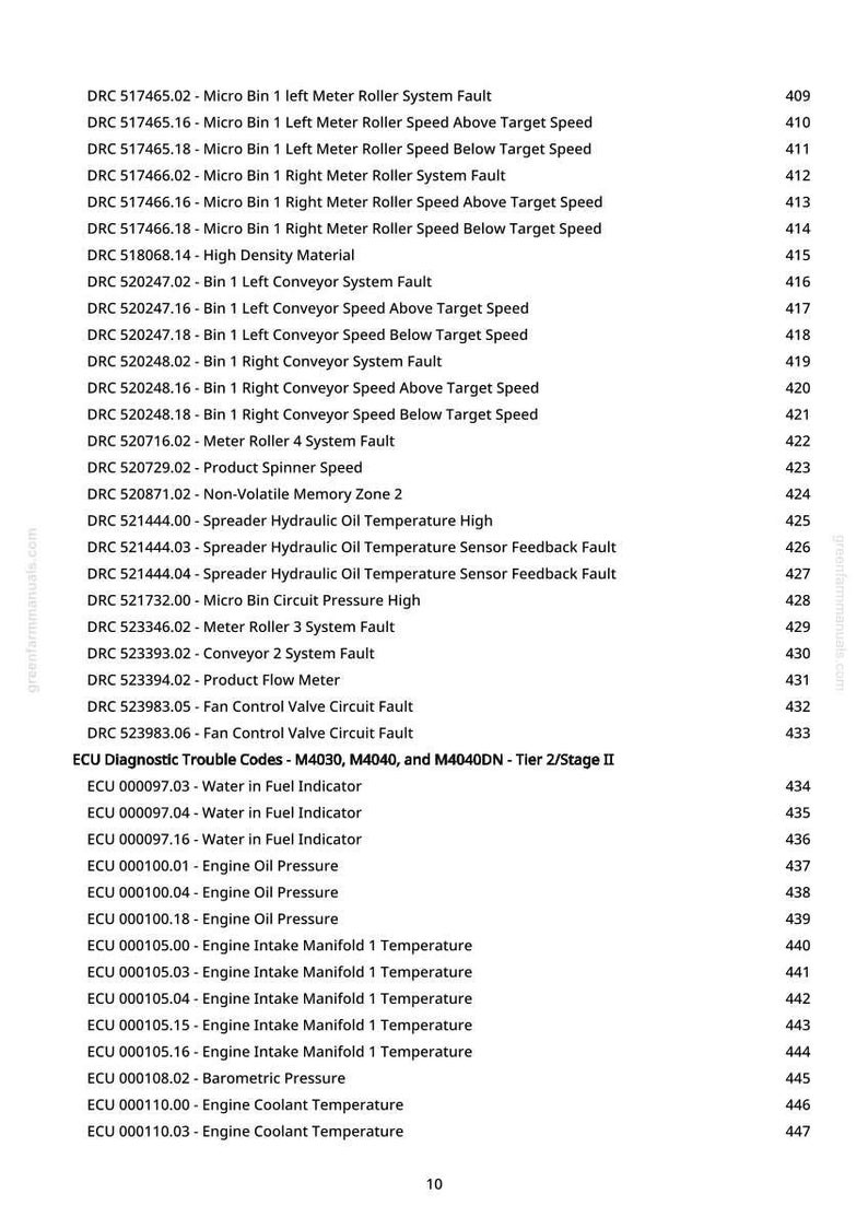 May include: A technical document listing diagnostic trouble codes and system faults, such as engine oil pressure and coolant temperature. The text is black on a white background, with page numbers. Measurements are not applicable.