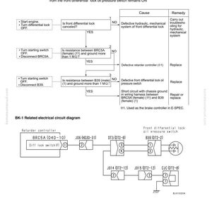 May include: A troubleshooting diagram for a machine with a differential lock. The diagram includes a failure code, causes, and remedies. It also features an electrical circuit diagram with various components and their connections.