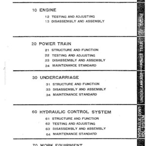 Puede incluir: Una p&aacute;gina de manual t&eacute;cnico en blanco y negro con t&iacute;tulos de secci&oacute;n como "Motor", "Tren de potencia" y "Sistema de control hidr&aacute;ulico". La p&aacute;gina enumera varios procedimientos como pruebas, ajuste y desmontaje.