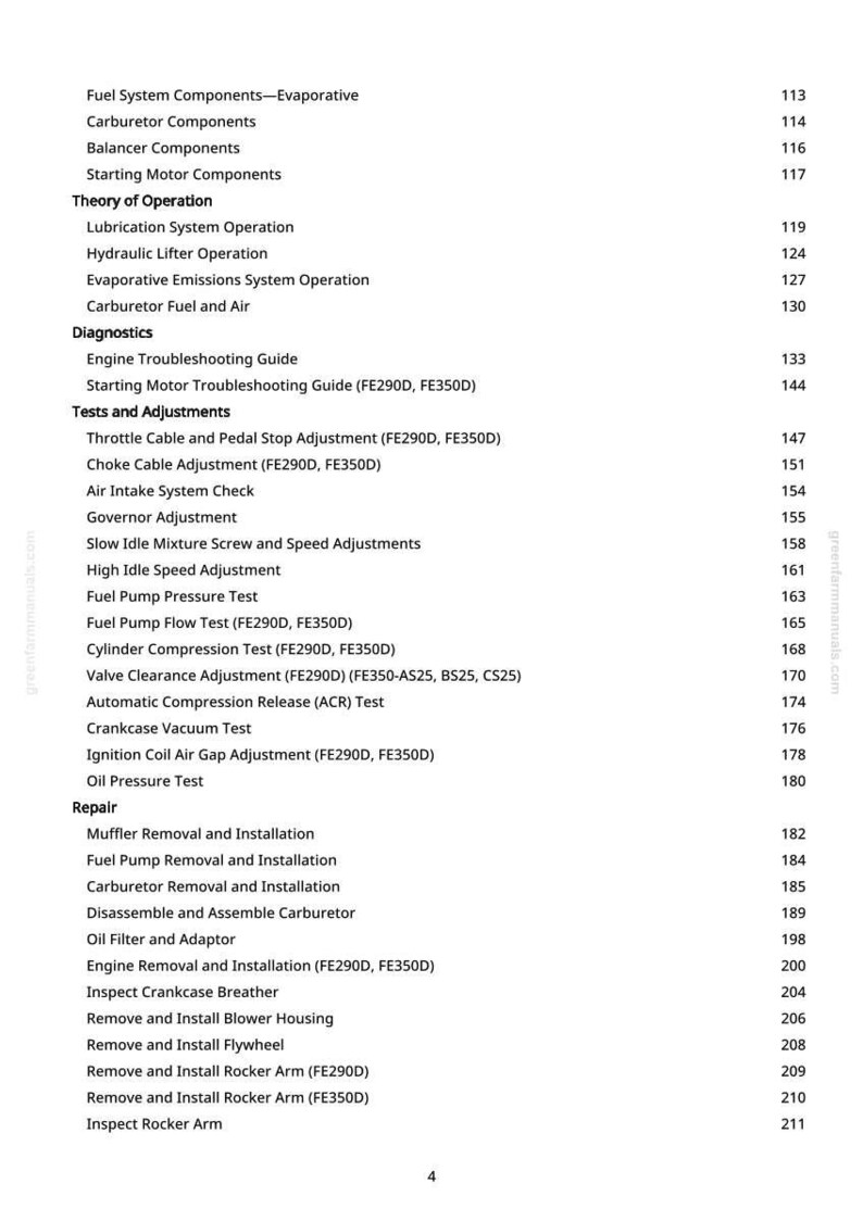 Pu&ograve; includere: Una pagina di manuale con un sommario per componenti del sistema di alimentazione, diagnostica, test, regolazioni e procedure di riparazione. Il testo &egrave; in nero e include i numeri di pagina.