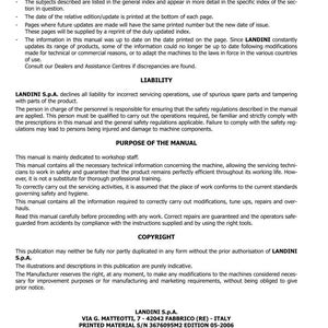 Pu&ograve; includere: Manuale stampato per il trattore ALPINE 65-75-85, pubblicato da LANDINI S.p.A. Include sezioni su introduzione, responsabilit&agrave;, scopo e copyright. L'edizione &egrave; datata 05-2006.