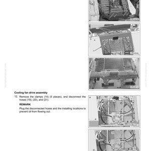 May include: Technical diagram showing the disassembly and assembly of a cooling fan drive. Includes numbered steps and illustrations of components like bolts, clamps, and hoses. Text includes instructions and part numbers.