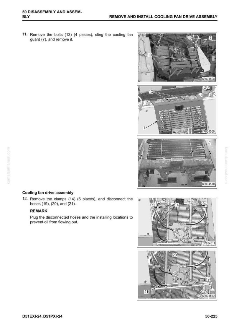 May include: Technical diagram showing the disassembly and assembly of a cooling fan drive. Includes numbered steps and illustrations of components like bolts, clamps, and hoses. Text includes instructions and part numbers.