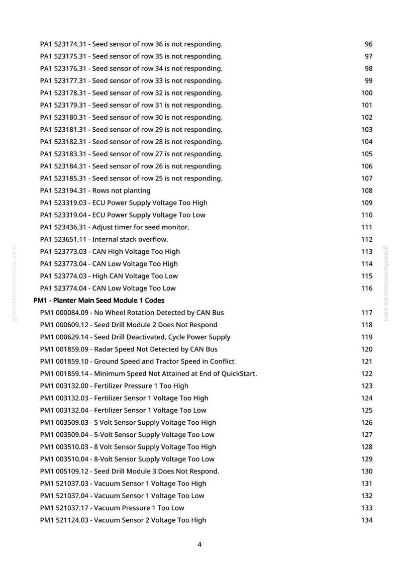K&ouml;nnte beinhalten: Eine gedruckte Seite mit einer Liste von Fehlercodes und Beschreibungen f&uuml;r das Hauptsamenmodul eines Pflanzger&auml;ts. Der Text enth&auml;lt Codes zu Sensors, Spannungsproblemen und anderen Fehlfunktionen des Pflanzger&auml;ts.