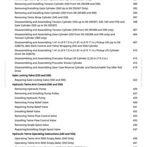 May include: A page from a manual with a list of specifications and instructions for agricultural machinery. The text includes terms like "Tension Cylinder," "Gate Cylinder," and "Hydraulic Twine Arm Control."