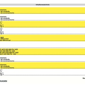 Puede incluir: Una p&aacute;gina del manual Weidemann 4004 D/D, con un &iacute;ndice en alem&aacute;n. El documento incluye t&eacute;rminos como "Mecanismo de accionamiento", "Puente del eje" y "Engranaje del diferencial", con n&uacute;meros de p&aacute;gina.