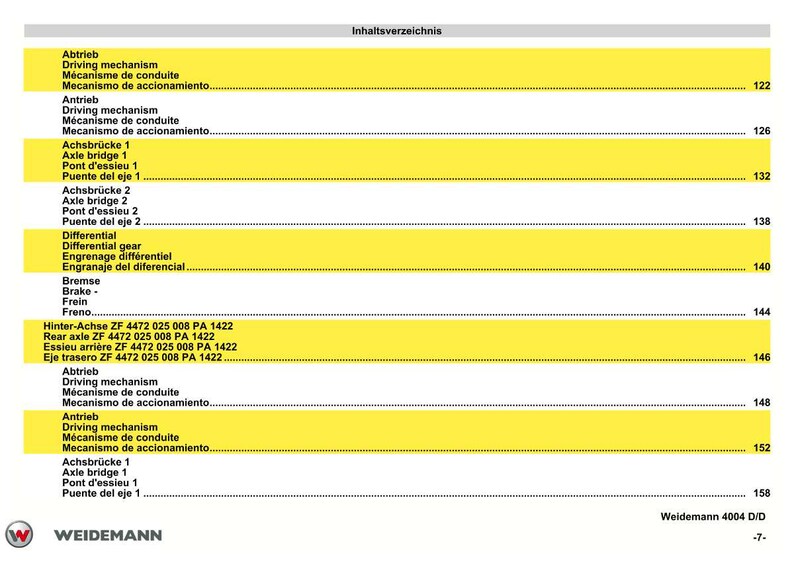 Puede incluir: Una p&aacute;gina del manual Weidemann 4004 D/D, con un &iacute;ndice en alem&aacute;n. El documento incluye t&eacute;rminos como "Mecanismo de accionamiento", "Puente del eje" y "Engranaje del diferencial", con n&uacute;meros de p&aacute;gina.