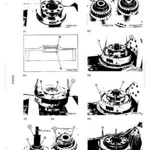 K&ouml;nnte beinhalten: Schwarz-wei&szlig; technische Zeichnung verschiedener mechanischer Komponenten, darunter Zahnr&auml;der, Wellen und Geh&auml;use. Das Diagramm enth&auml;lt mehrere Ansichten, die mit P1 bis P9 beschriftet sind, mit detaillierten Teilenummern und Beschriftungen.