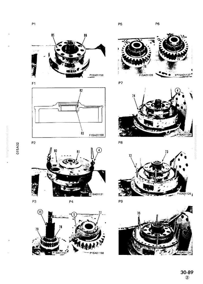 K&ouml;nnte beinhalten: Schwarz-wei&szlig; technische Zeichnung verschiedener mechanischer Komponenten, darunter Zahnr&auml;der, Wellen und Geh&auml;use. Das Diagramm enth&auml;lt mehrere Ansichten, die mit P1 bis P9 beschriftet sind, mit detaillierten Teilenummern und Beschriftungen.