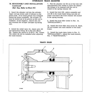 Puede incluir: Un diagrama t&eacute;cnico de un manual, que muestra una secci&oacute;n transversal de un conjunto tensor de orugas. La ilustraci&oacute;n incluye piezas numeradas y etiquetas, con texto que describe los pasos de montaje e instalaci&oacute;n.