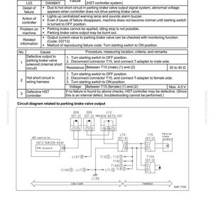 May include: A troubleshooting guide for a parking brake valve, detailing failure codes and diagnostic procedures. Includes a circuit diagram with labeled components and voltage measurements. The document is from komatsumanual.com.