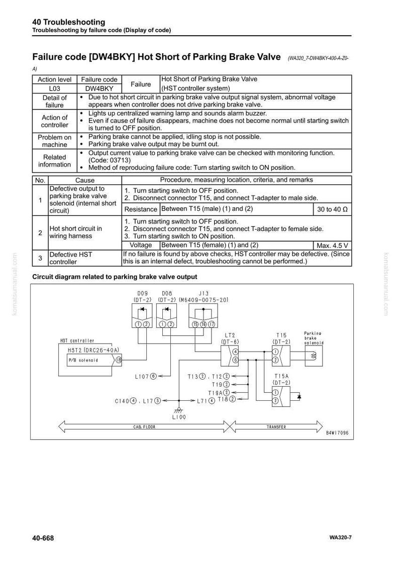 May include: A troubleshooting guide for a parking brake valve, detailing failure codes and diagnostic procedures. Includes a circuit diagram with labeled components and voltage measurements. The document is from komatsumanual.com.