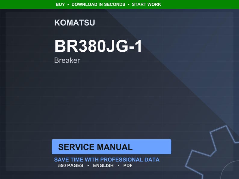 Puede incluir: Un manual de servicio digital para un Komatsu BR380JG-1 Breaker. La portada es azul oscuro con texto blanco que dice "KOMATSU BR380JG-1 Breaker". El manual incluye 550 p&aacute;ginas de datos profesionales en ingl&eacute;s y est&aacute; disponible en formato PDF.