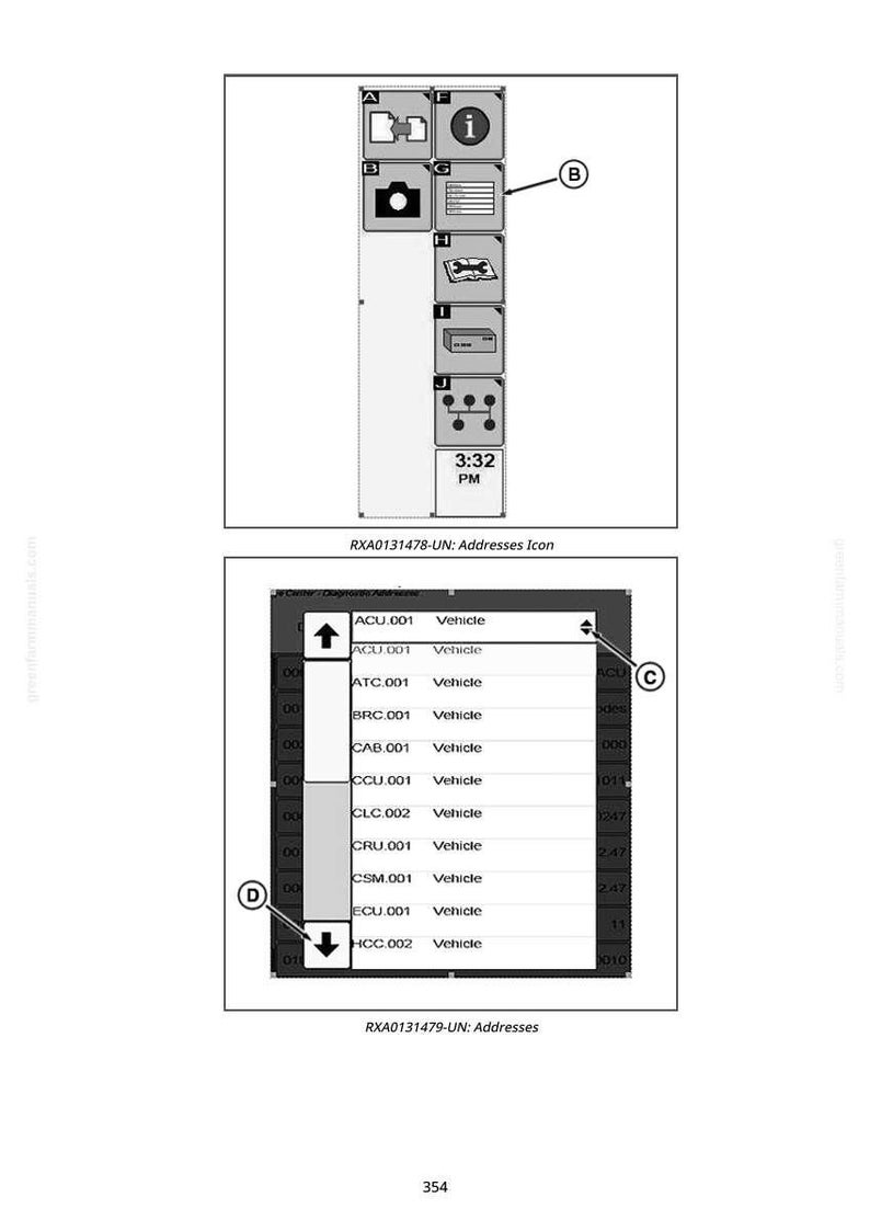 May include: Diagram of a vehicle diagnostic interface with icons and a list of vehicle addresses. The top section displays icons, including a camera and information symbol. The bottom section shows a list of vehicle addresses.