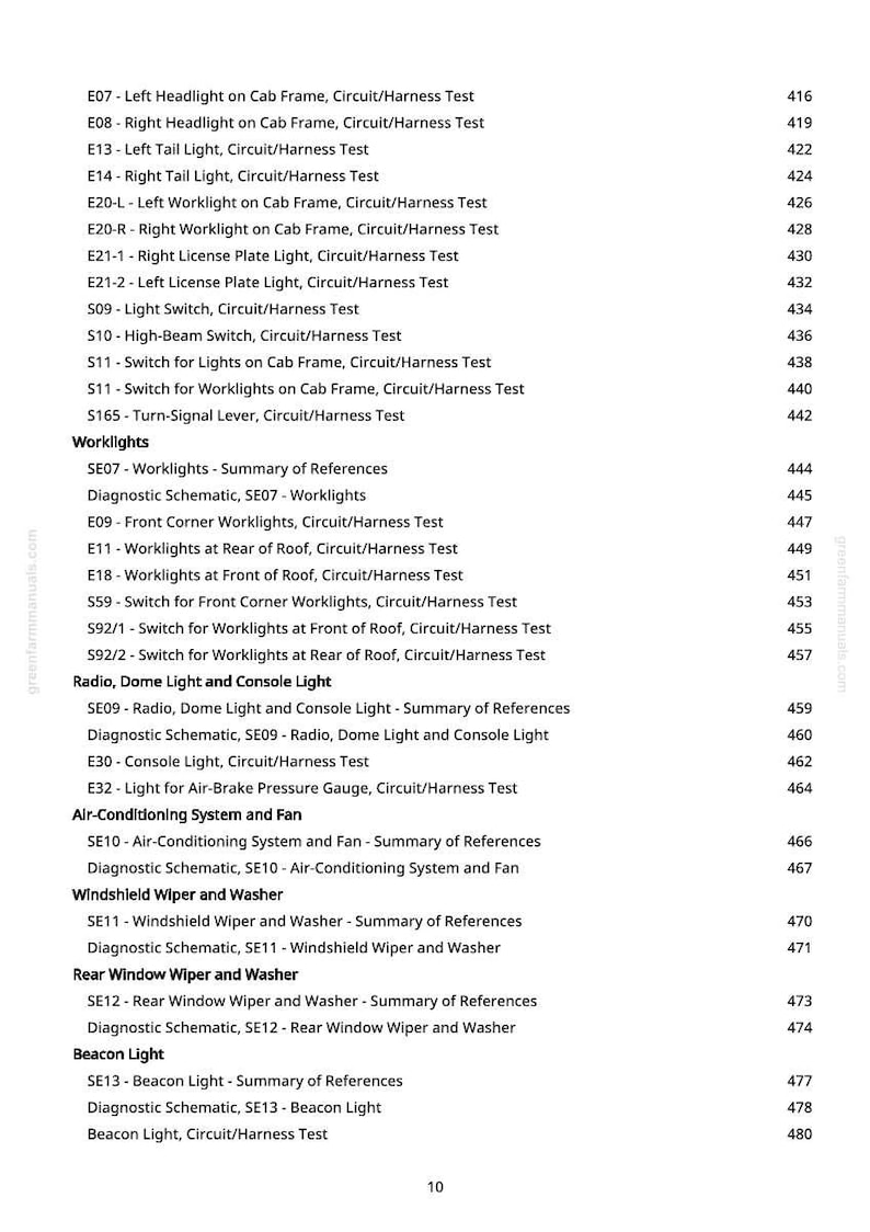 May include: A white page with a list of automotive electrical system tests and components. The text includes terms like "Headlight," "Tail Light," "Worklights," and "Air-Conditioning System." Numbers are listed next to each item.