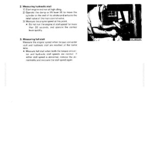 May include: A manual page detailing "Testing and Adjusting" procedures, specifically "Measuring Engine Stall Speed." It features text instructions, diagrams, and a photograph of a person operating machinery. The manual is labelled WA100-1.