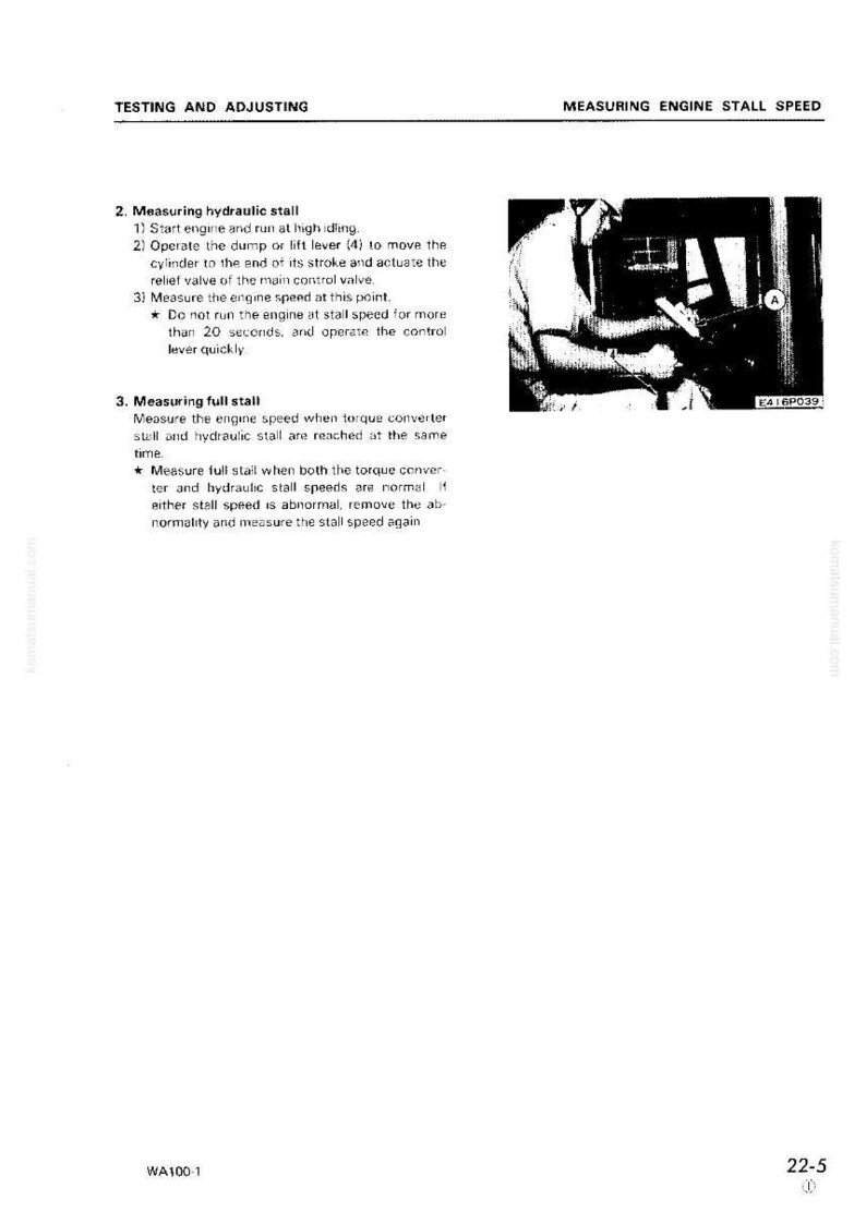 May include: A manual page detailing "Testing and Adjusting" procedures, specifically "Measuring Engine Stall Speed." It features text instructions, diagrams, and a photograph of a person operating machinery. The manual is labelled WA100-1.