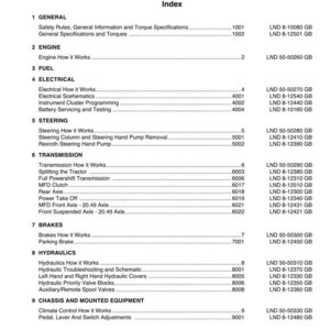 May include: Index page from a service manual for Powerful Series Tractors, model 3681778M1. The table of contents lists sections on general information, engine, fuel, electrical, steering, transmission, brakes, hydraulics, and chassis.