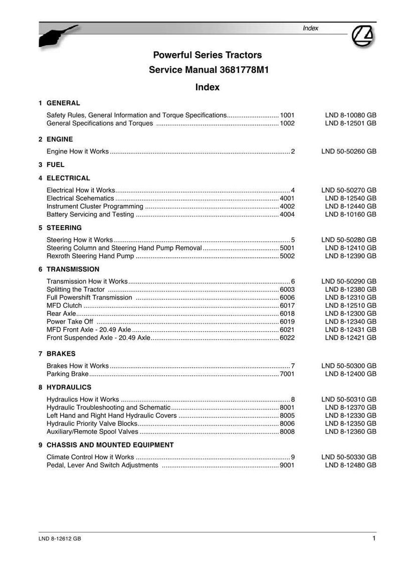 May include: Index page from a service manual for Powerful Series Tractors, model 3681778M1. The table of contents lists sections on general information, engine, fuel, electrical, steering, transmission, brakes, hydraulics, and chassis.