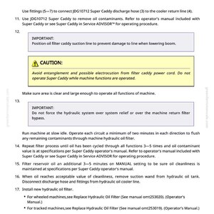 Op de afbeelding: Een pagina uit een handleiding met tekst en diagrammen over hydraulische oliefilters. De tekst bevat waarschuwingen en instructies voor het bedienen van machines, met metingen in cm.